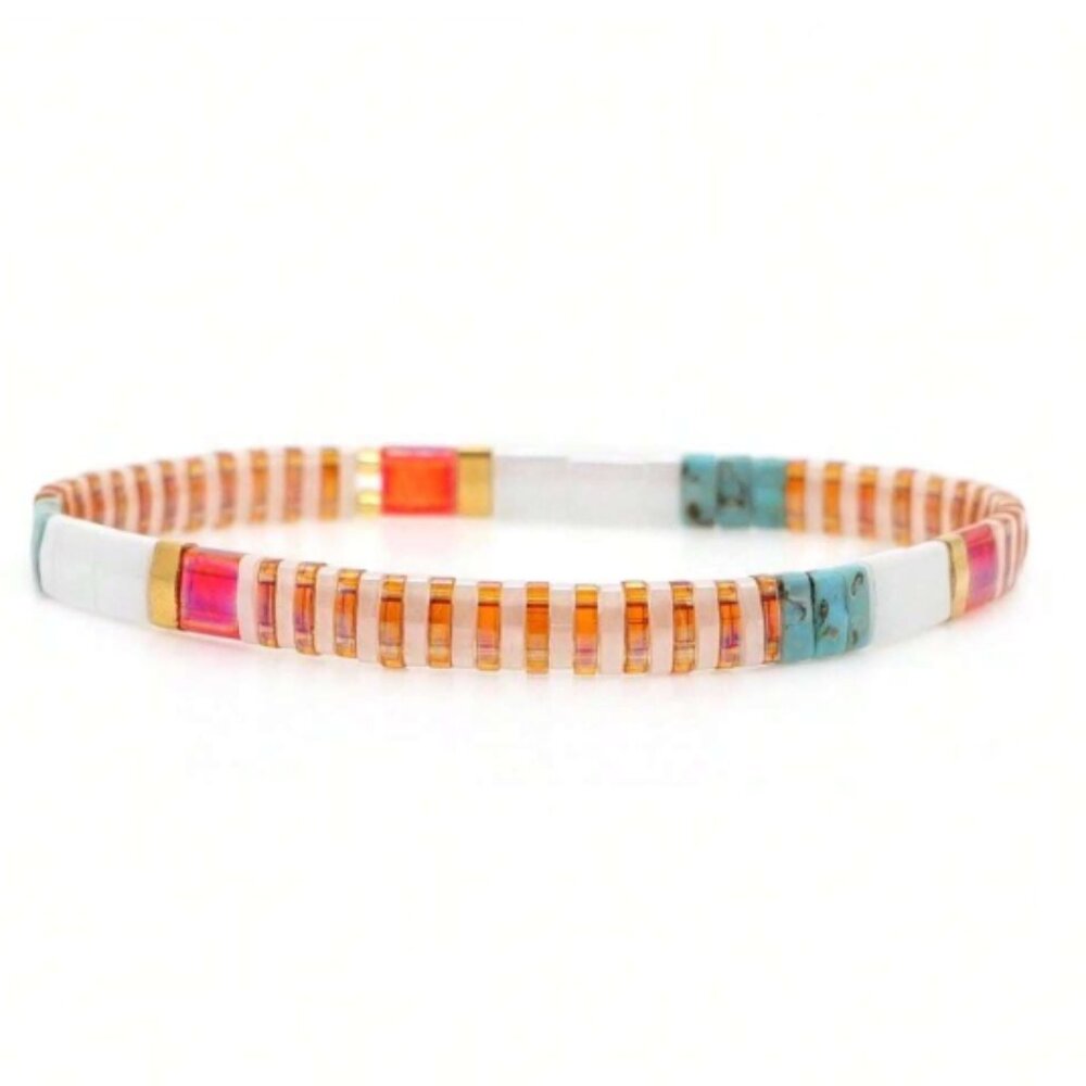 Colorful Beaded Chicklet Bracelet Tila beads / Bracelet perles de Tila élastique